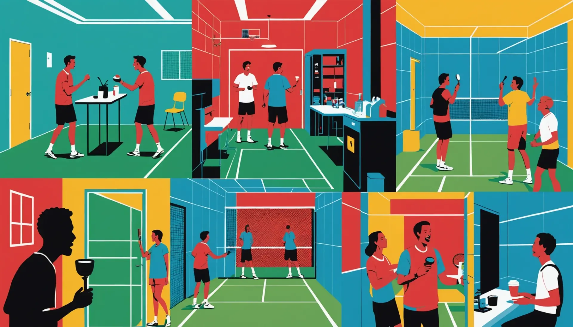 Editorial illustration showing people using the term deuce meaning slang in different settings, tennis court, bathroom humor, and vintage speech bubble