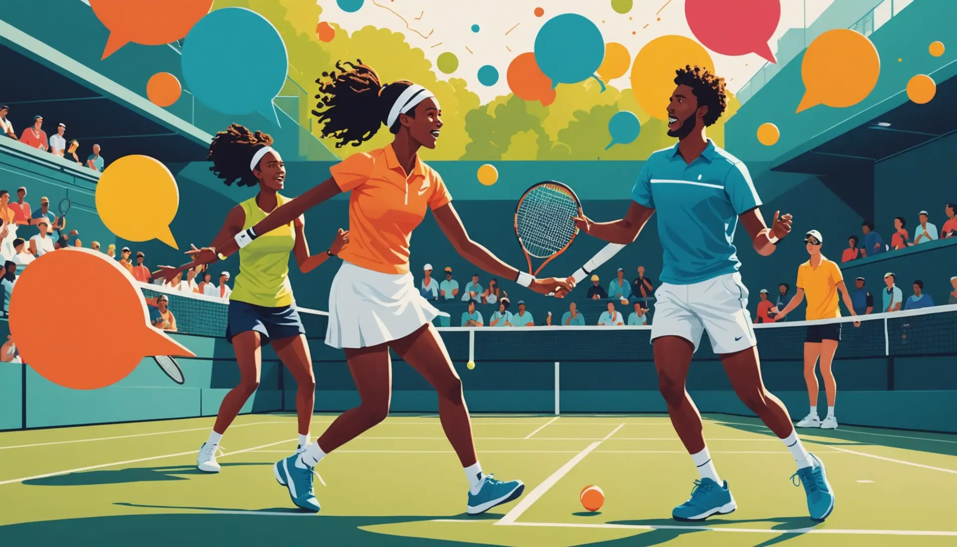 Editorial illustration showing players using tennis slang terms during a match