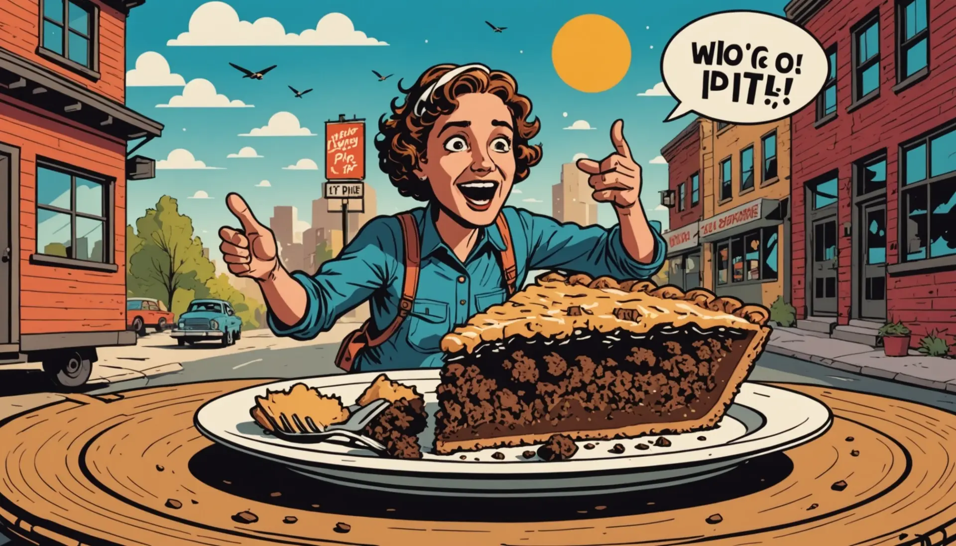 Editorial illustration of a pie, a person shooing a fly, and speech bubbles reading shoofly slang