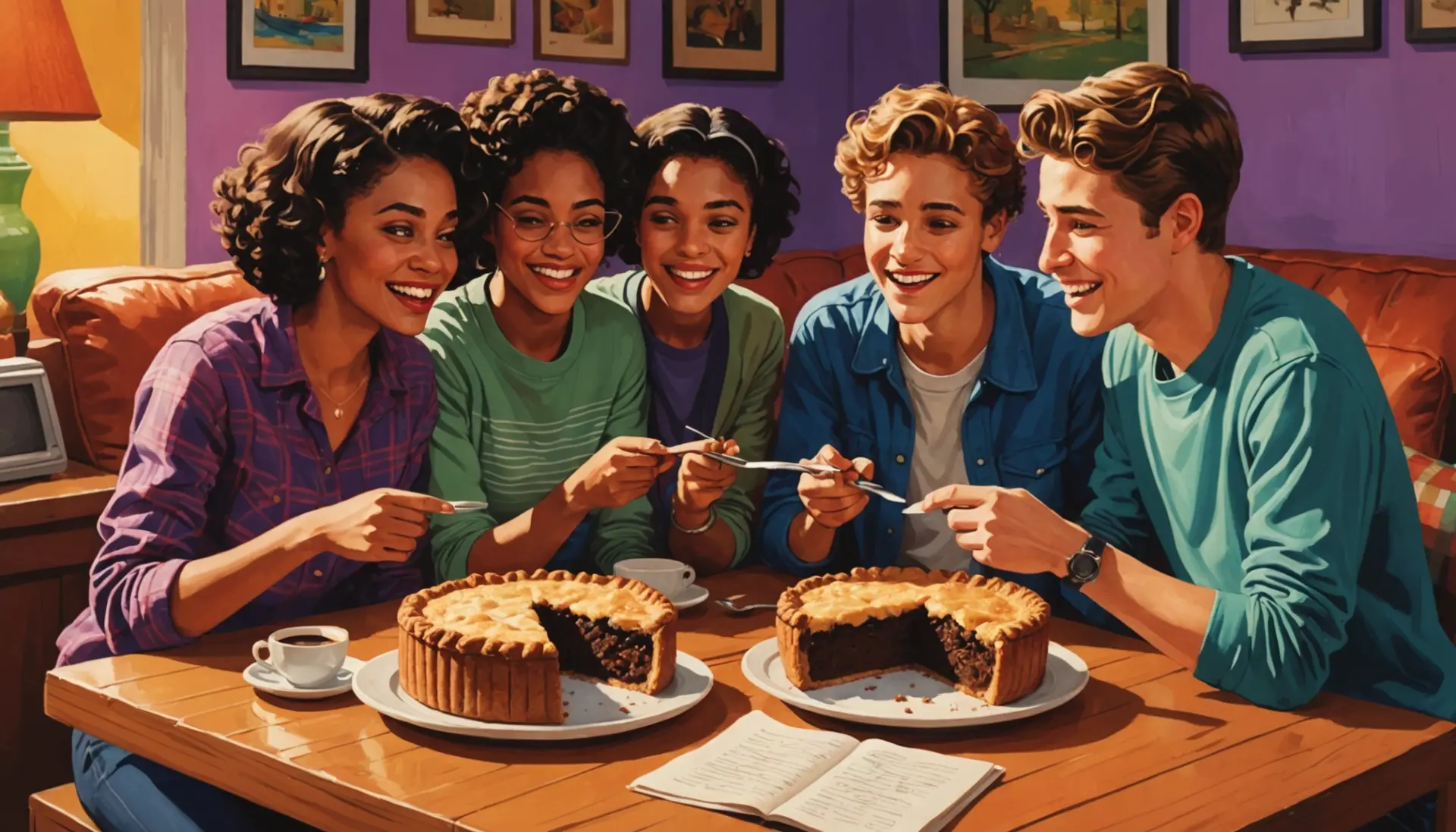 Illustration showing people asking what does shoofly mean around a table with shoofly pie