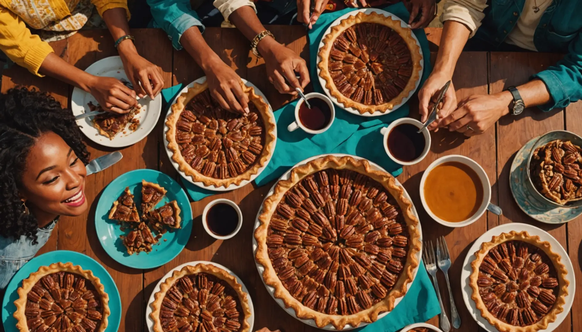 Editorial illustration showing a group sharing pecan pie with caption vibe, pecan slang meaning