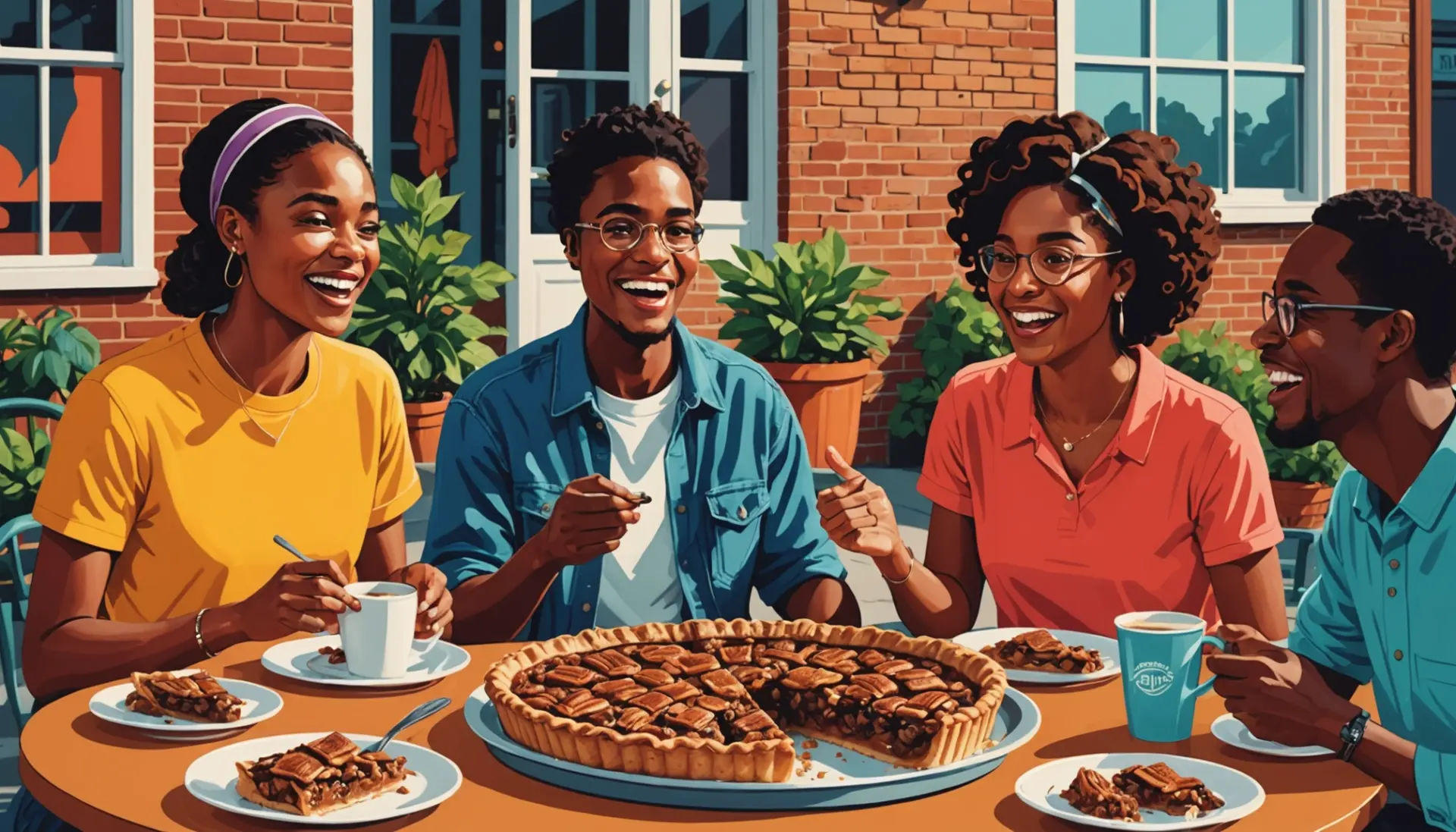Editorial illustration of people debating 'pecan' pronunciation, representing pecan meaning slang