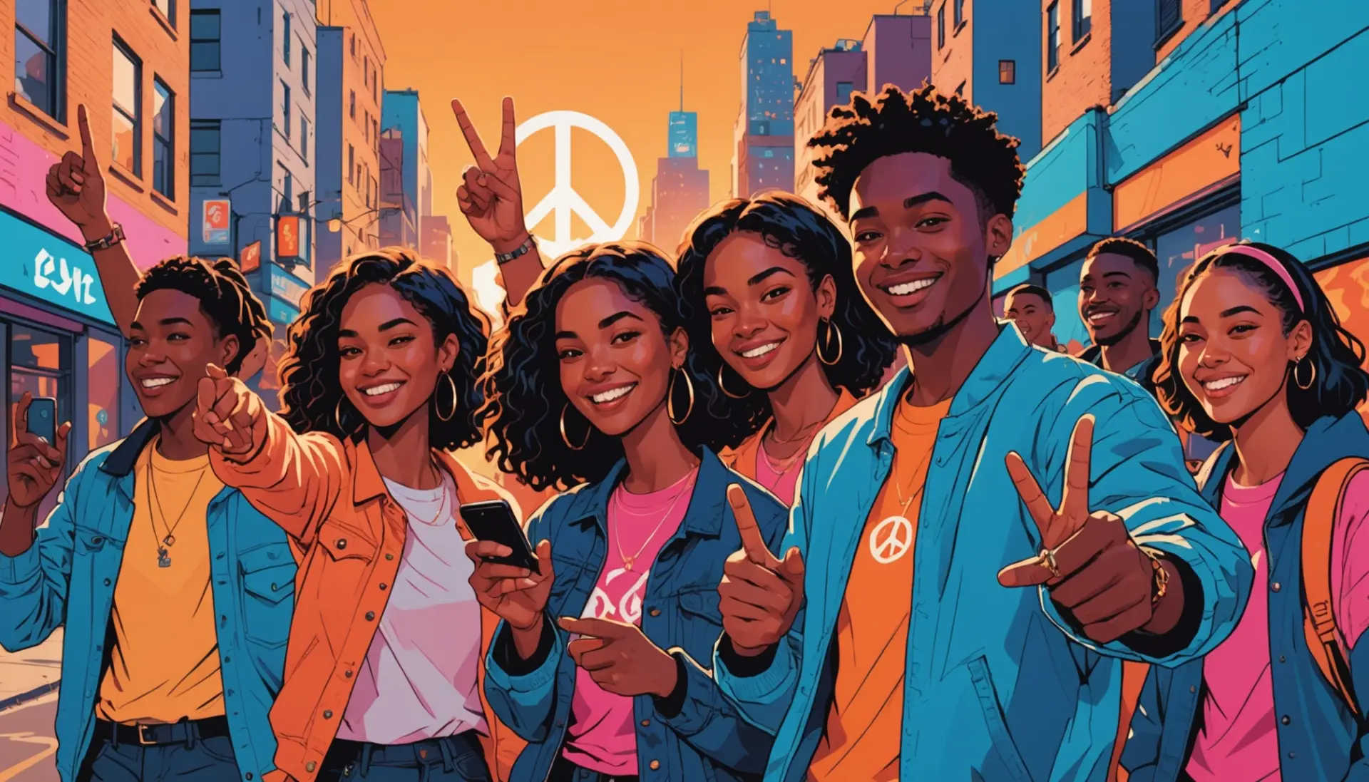 Editorial illustration showing people exchanging a peace sign with the phrase deuce definition slang vibe