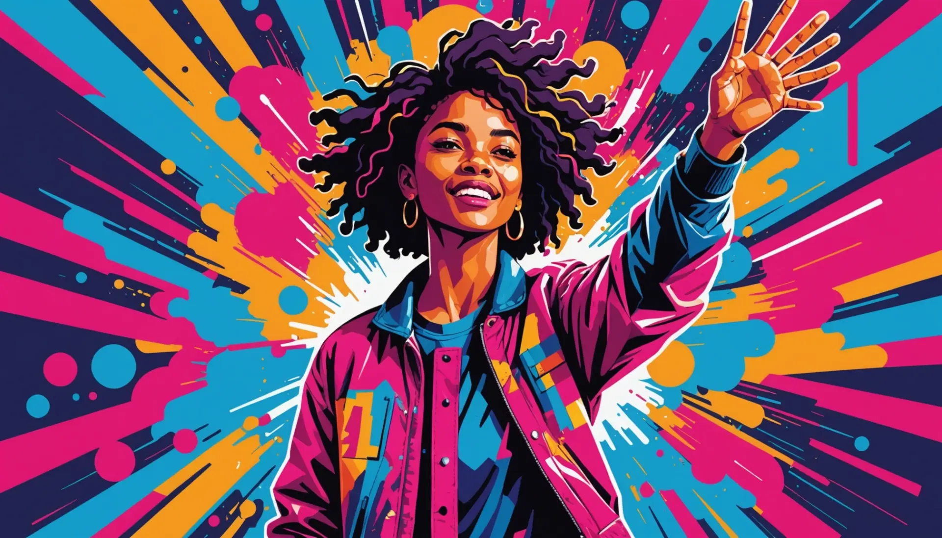 Editorial illustration showing the phrase what does boom mean in slang represented by a dynamic explosion of color
