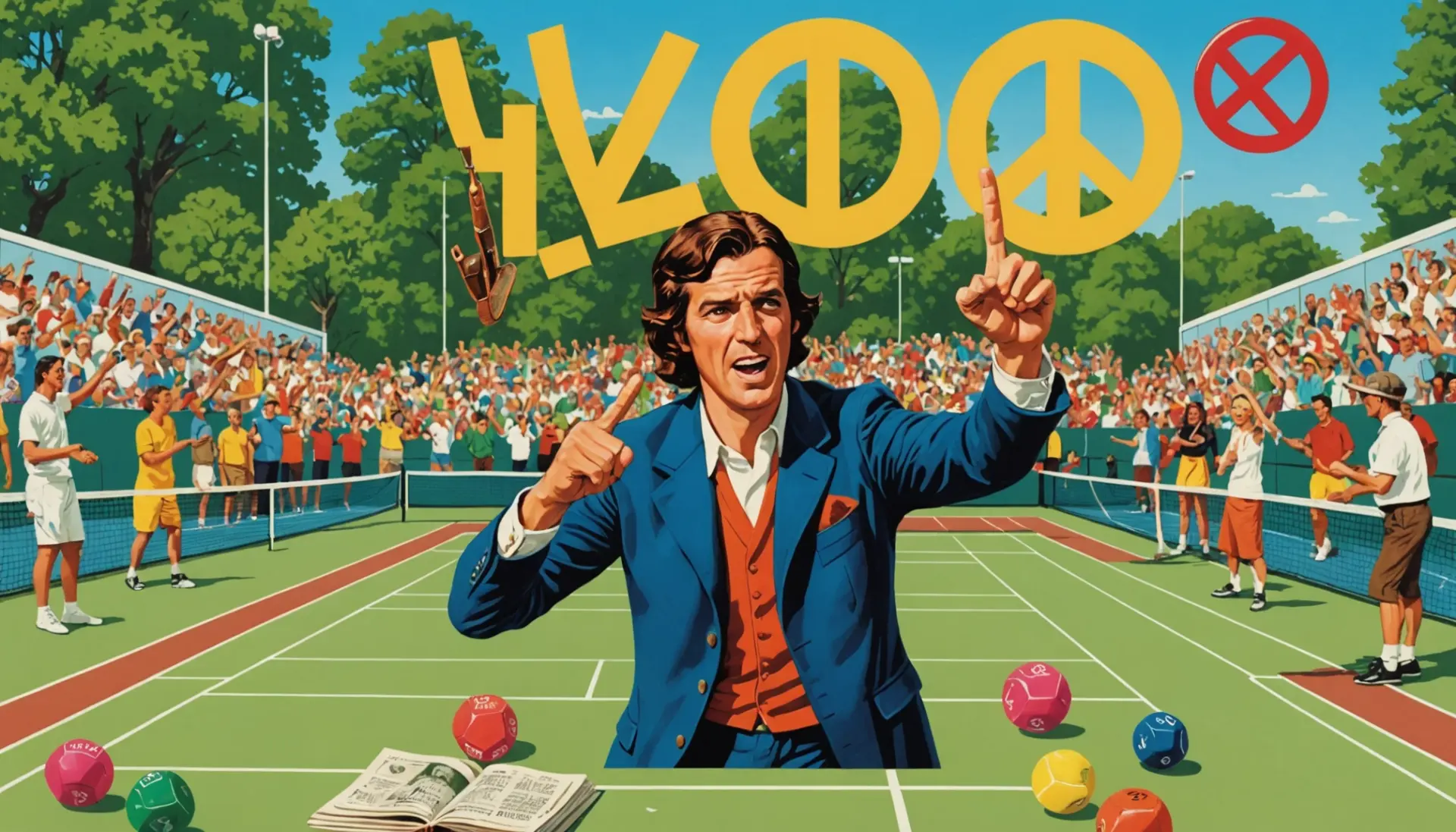 Editorial illustration showing people using 'deuce' gestures and tennis deuce moment, what does deuce mean