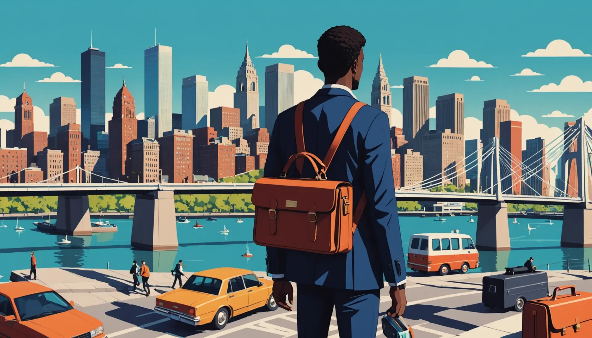 Editorial illustration showing a stylized briefcase with city skyline, caption hinting at boston briefcase urban dictionary