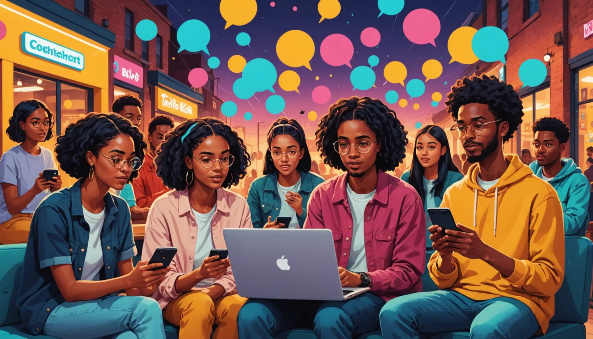 Editorial illustration of people online searching 'hig urban dictionary' with phones and chat bubbles, hig urban dictionary