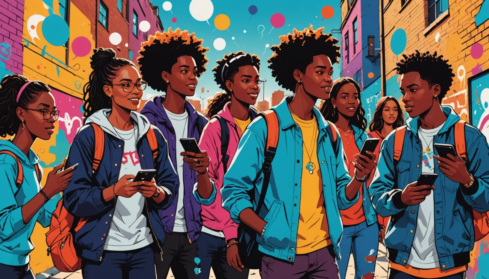 Editorial illustration showing people using slang for backside in a colorful street culture scene