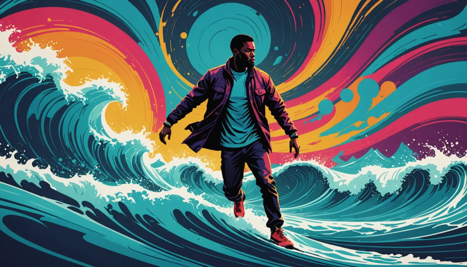 Editorial illustration reflecting what does el nino mean, showing swirling weather and a stylized figure