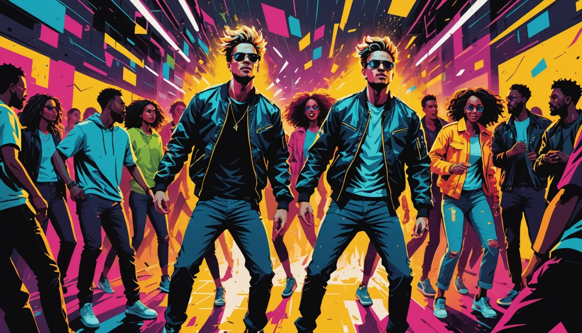 Editorial illustration of a dramatic party scene labeled el nino meaning slang vibe, stormy energy, bright colors