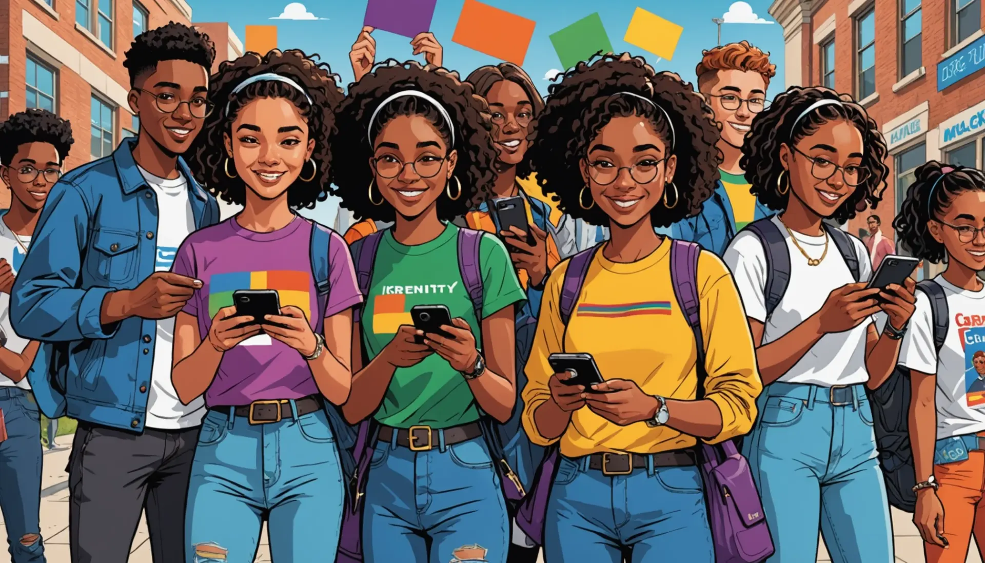 Editorial illustration showing diverse young people celebrating and posting about what is c day slang on social platforms
