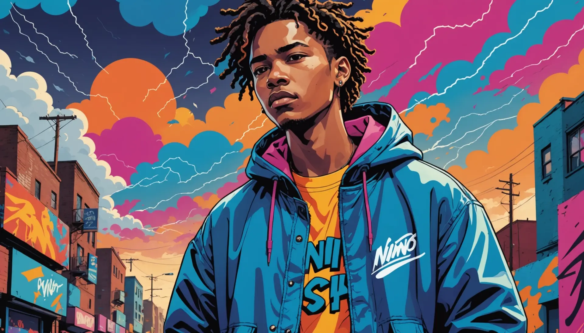 Editorial illustration featuring the phrase el nino slang vibe with a young player and stormy motifs