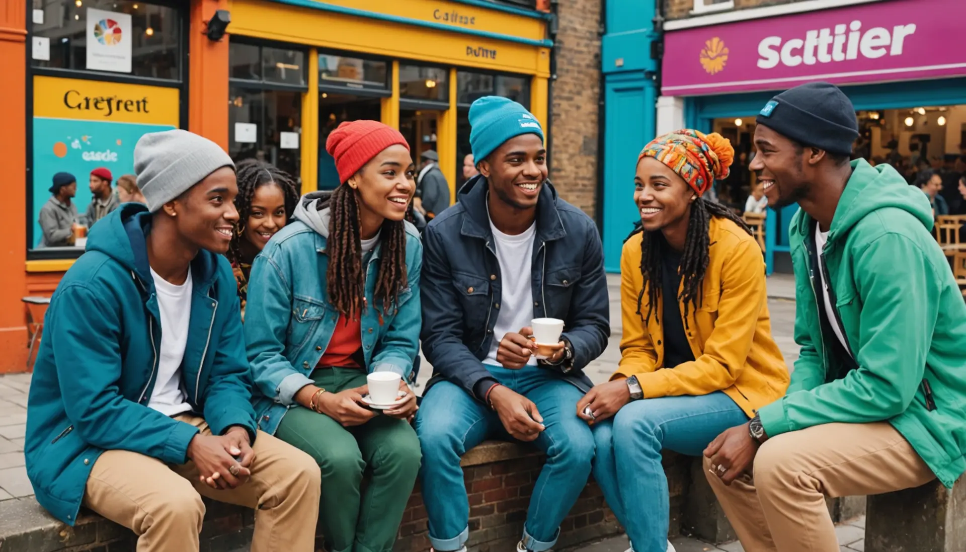 Editorial illustration showing people discussing 'what does batty mean in british slang' with diverse UK street culture influences