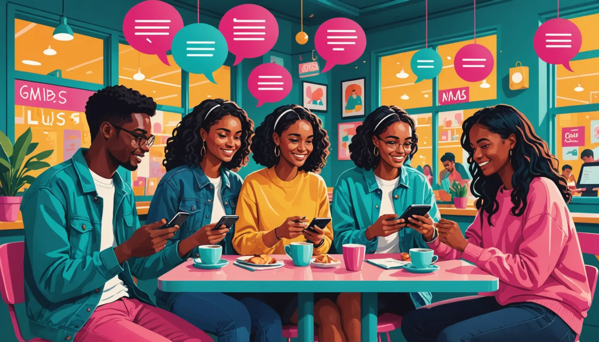 Editorial illustration showing people texting 'gmbs' with phones, caption style, gmbs meaning slang