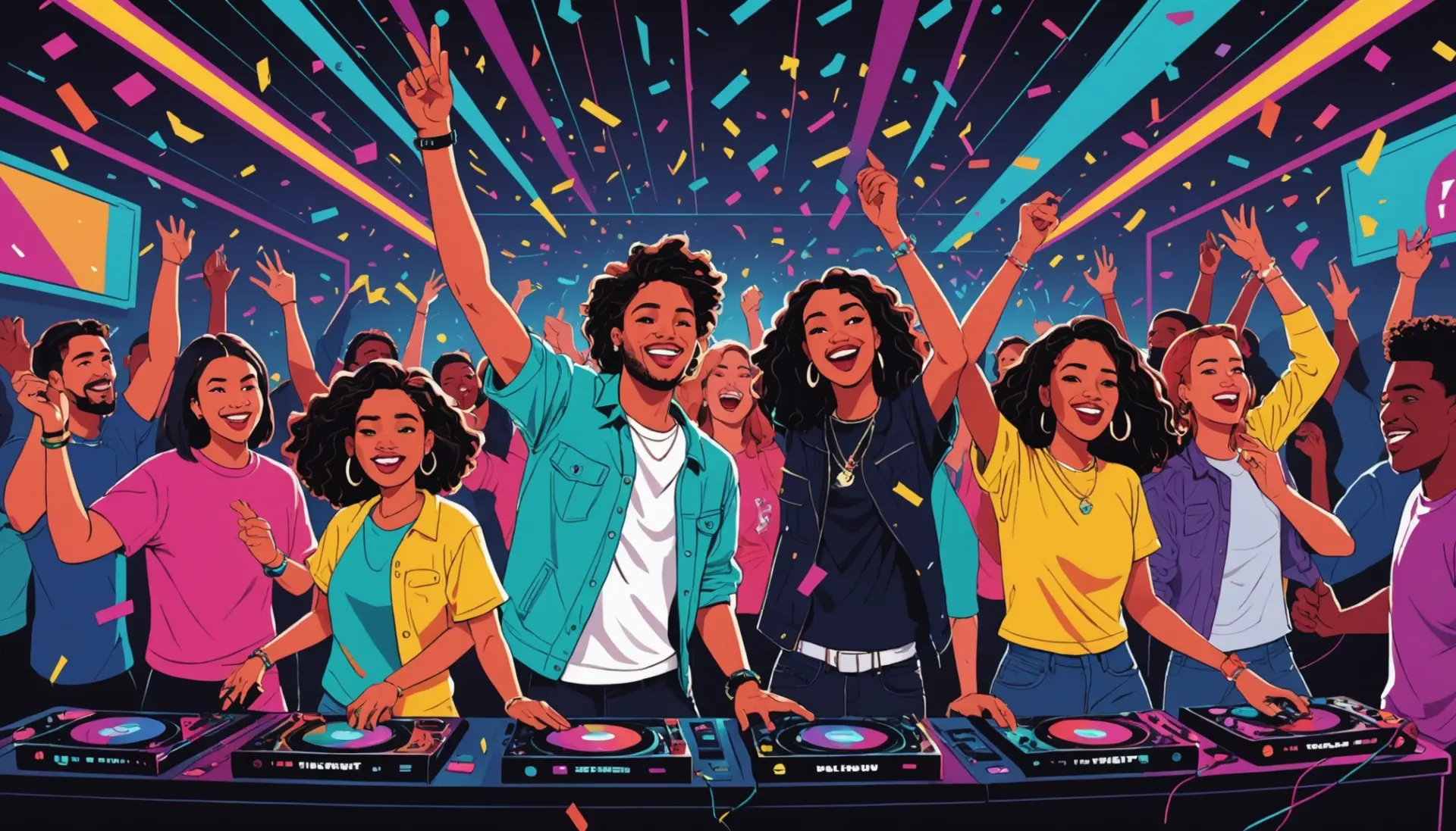 Editorial illustration showing party scene with a DJ and caption bubble reading the vibe, featuring the phrase skeet skeet urban dictionary in the alt text