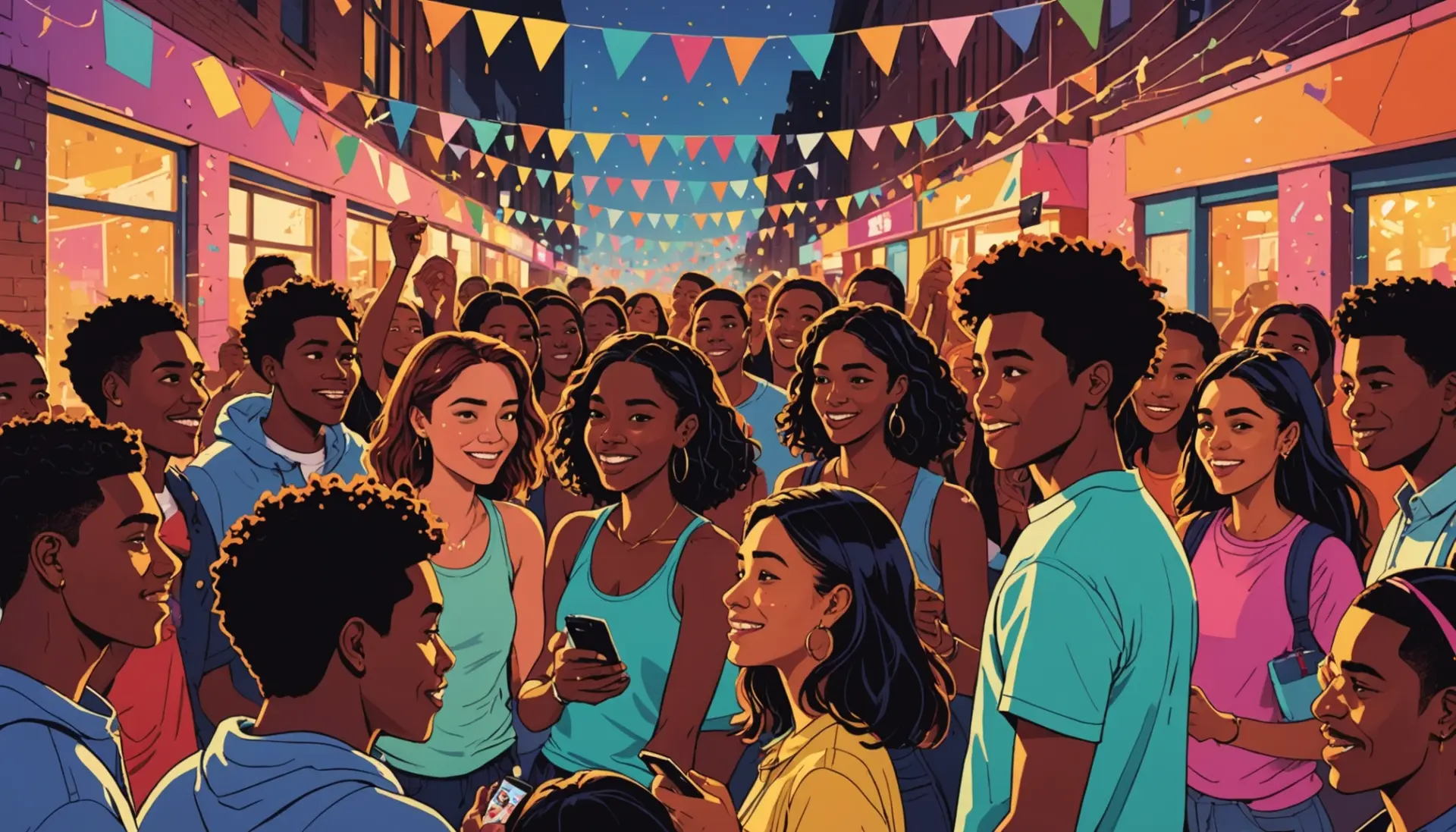 Editorial illustration showing friends and social media notifications, caption asking what does tfti mean in slang