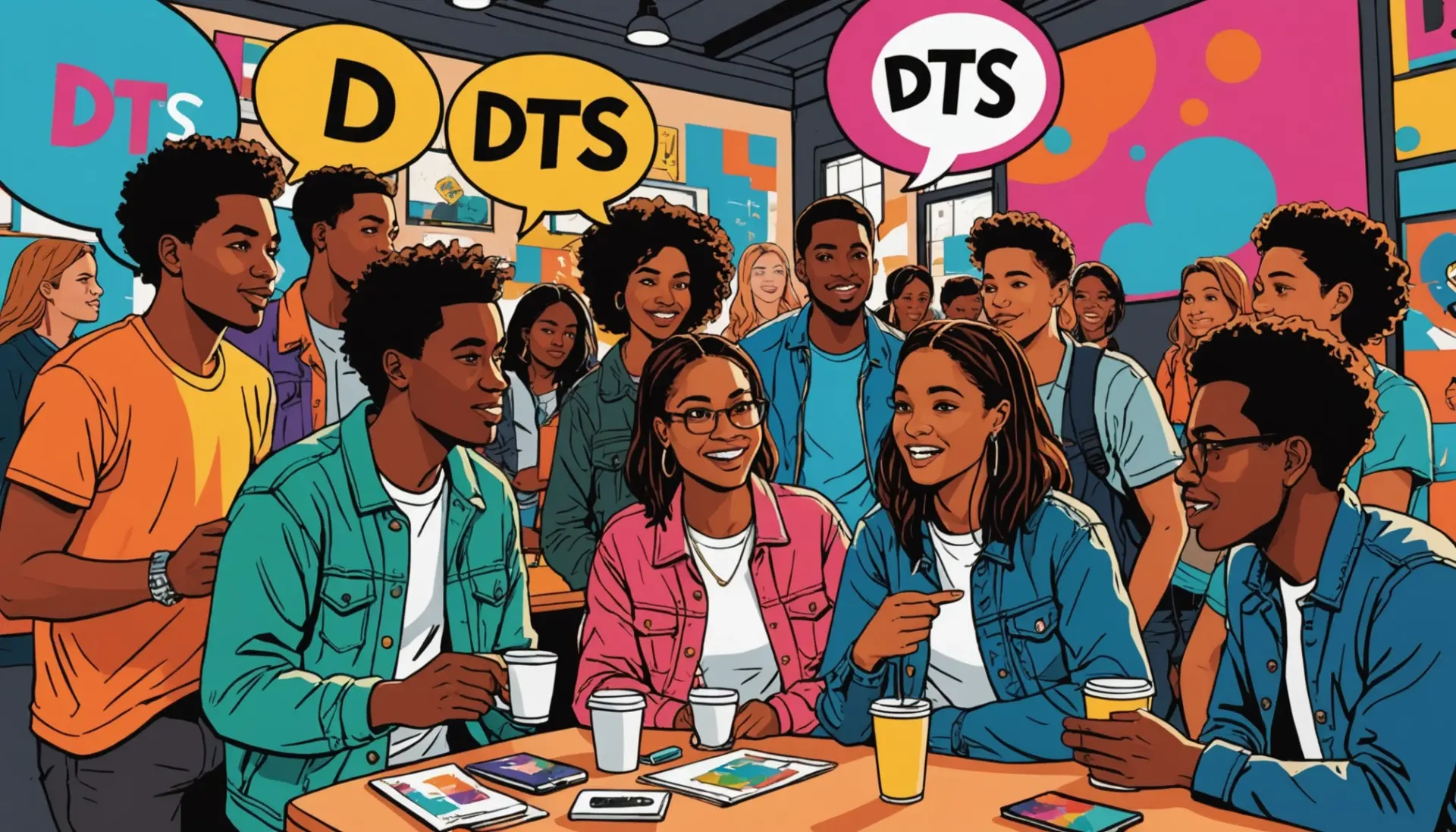 Editorial illustration showing people debating the phrase dts urban dictionary with speech bubbles and urban motifs