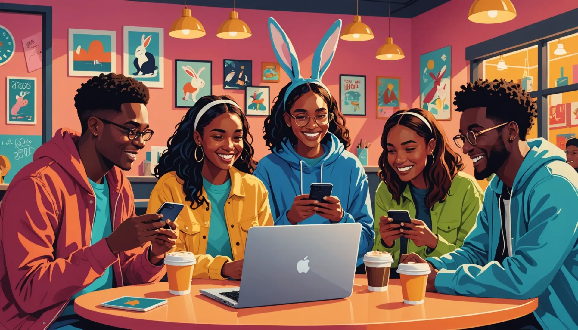 Editorial illustration showing people searching urban dictionary chungus on phones and laughing, modern meme culture scene