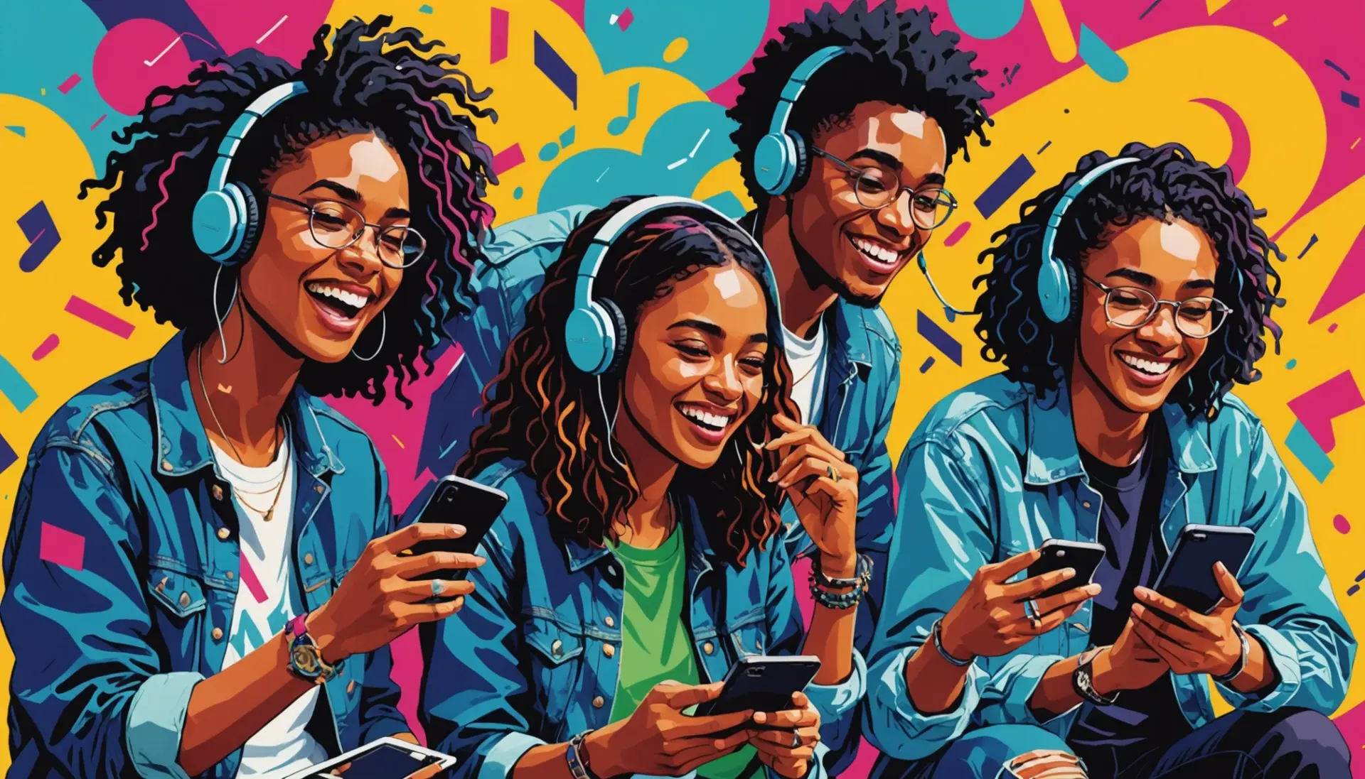 Editorial illustration of people reacting to the phrase filthy in slang nyt, neon colors, energetic crowd