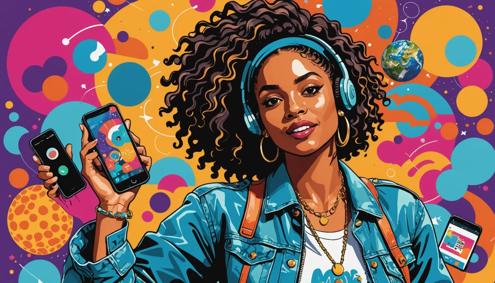Editorial illustration about what does mya mean, showing digital chats, a singer, and a fossil timeline