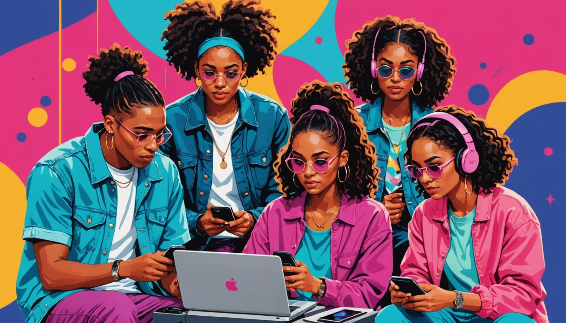 Editorial illustration showing people reacting to the phrase mya meaning slang on phones