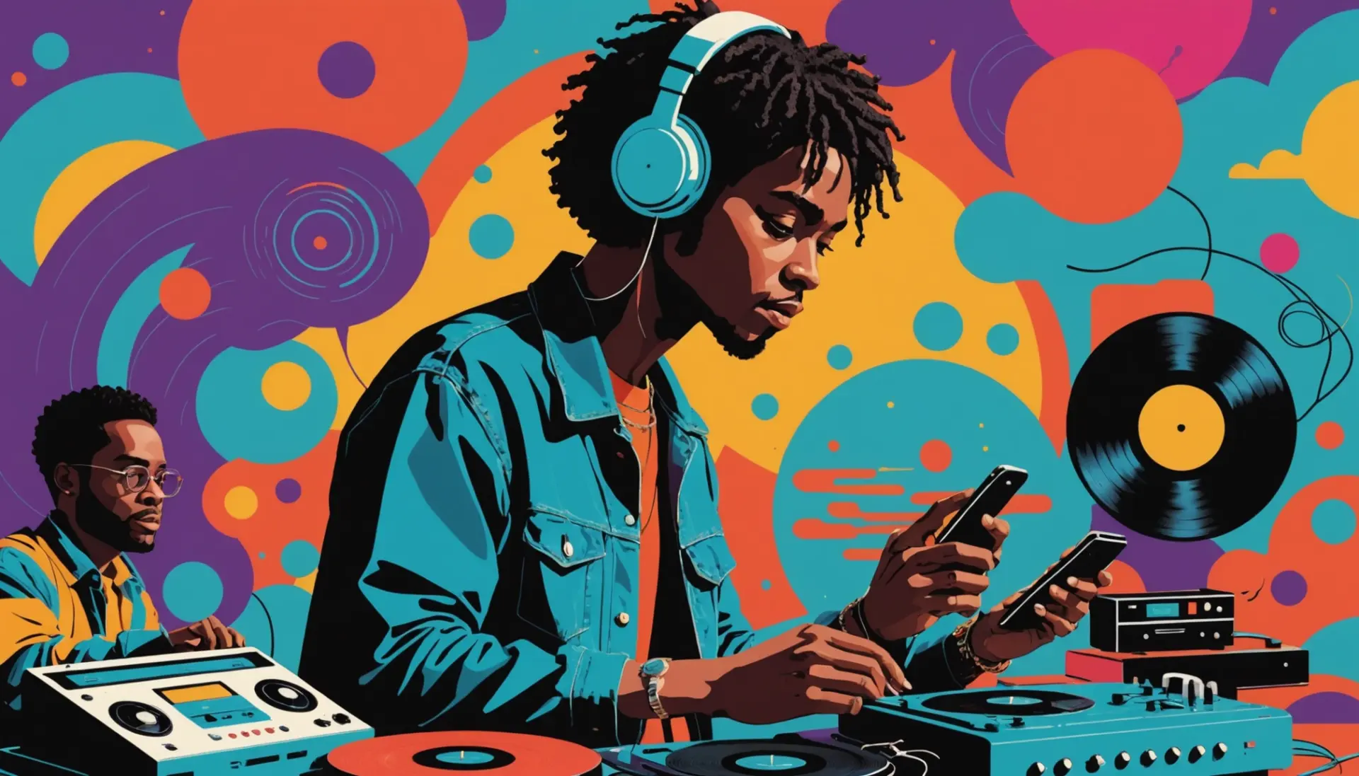 Editorial illustration of people texting and a vinyl record to evoke mya slang