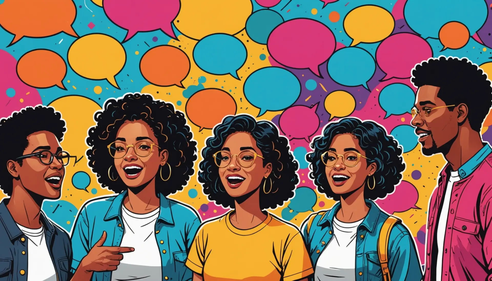 Editorial illustration showing a chat thread peppered with insults in slang in colorful speech bubbles
