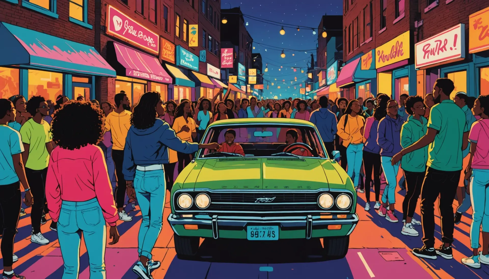 Editorial illustration showing people pulling up to a spot, representing what does pull up mean in slang