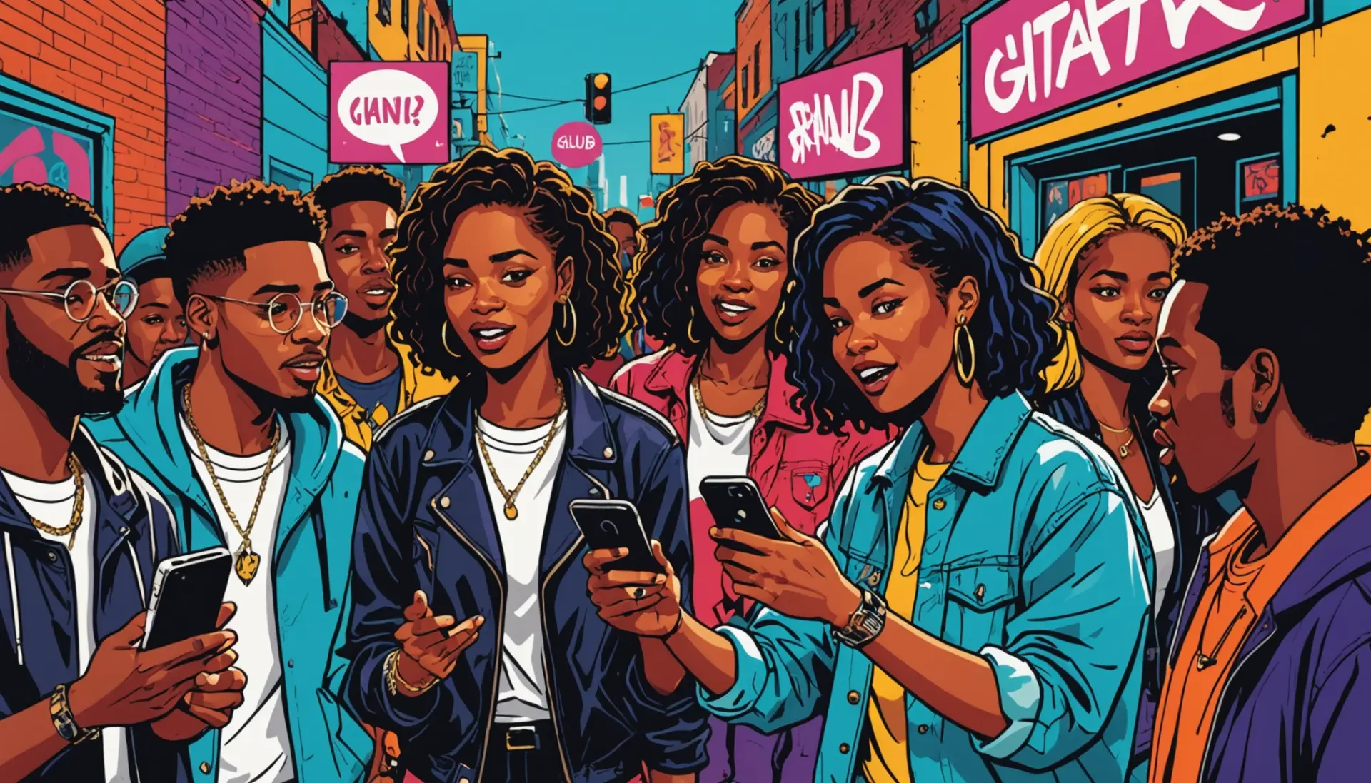 Editorial illustration showing people reacting to the phrase what does take a fade mean in street slang