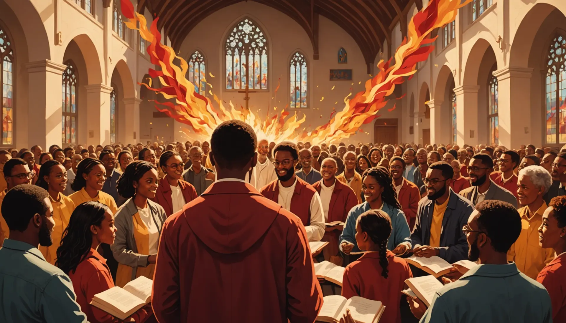 Illustration showing Pentecost celebration with people and symbols, what does pentecost sunday mean