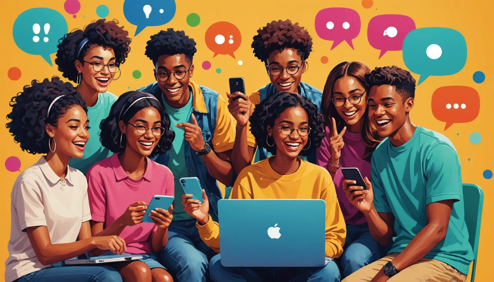 Editorial illustration showing people and text bubbles labeled mya urban dictionary