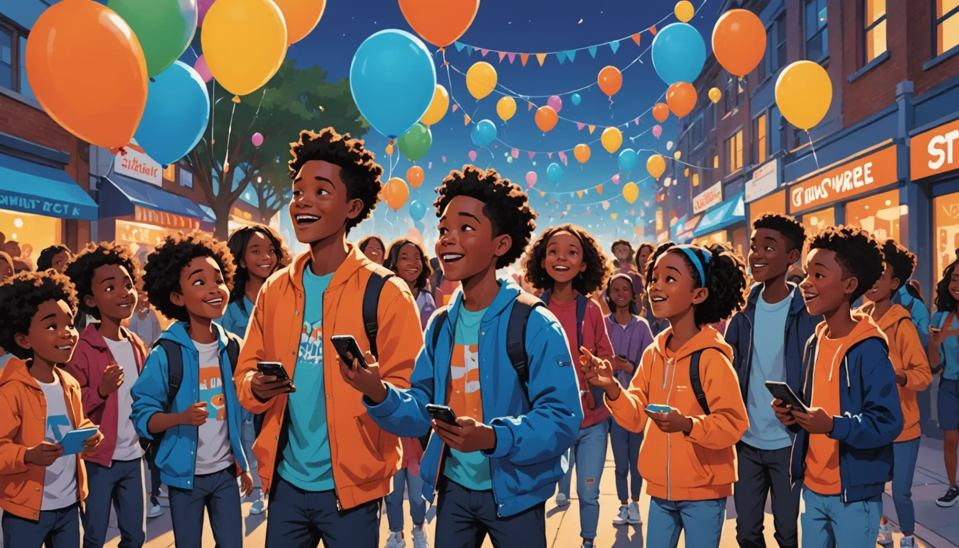 Editorial illustration showing playful character inspired by Blippi with families and teens searching blippi urban dictionary on phones