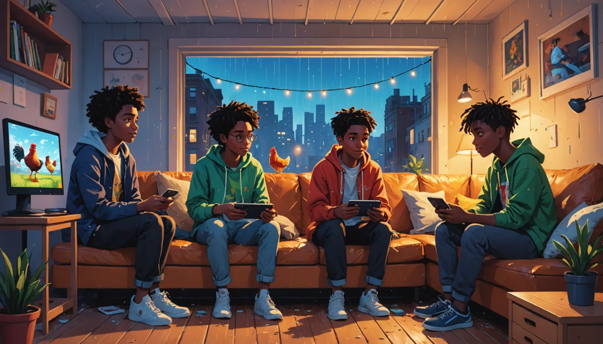 Editorial illustration showing the phrase coop meaning slang with people gaming, someone looking out a window feeling cooped up, and a coop building, representing multiple meanings