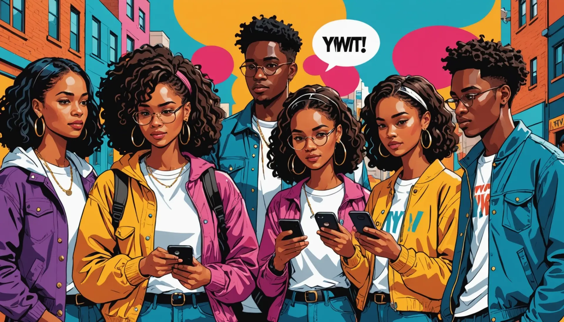 Illustration showing people texting 'what does ywt mean in text' on phones