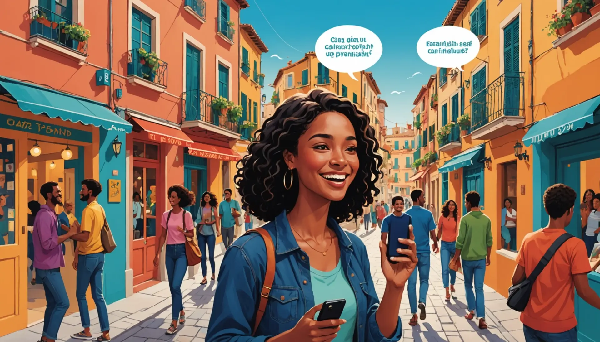 Editorial illustration representing tia slang: texting 'TIA' and a Spanish street 'tía' usage