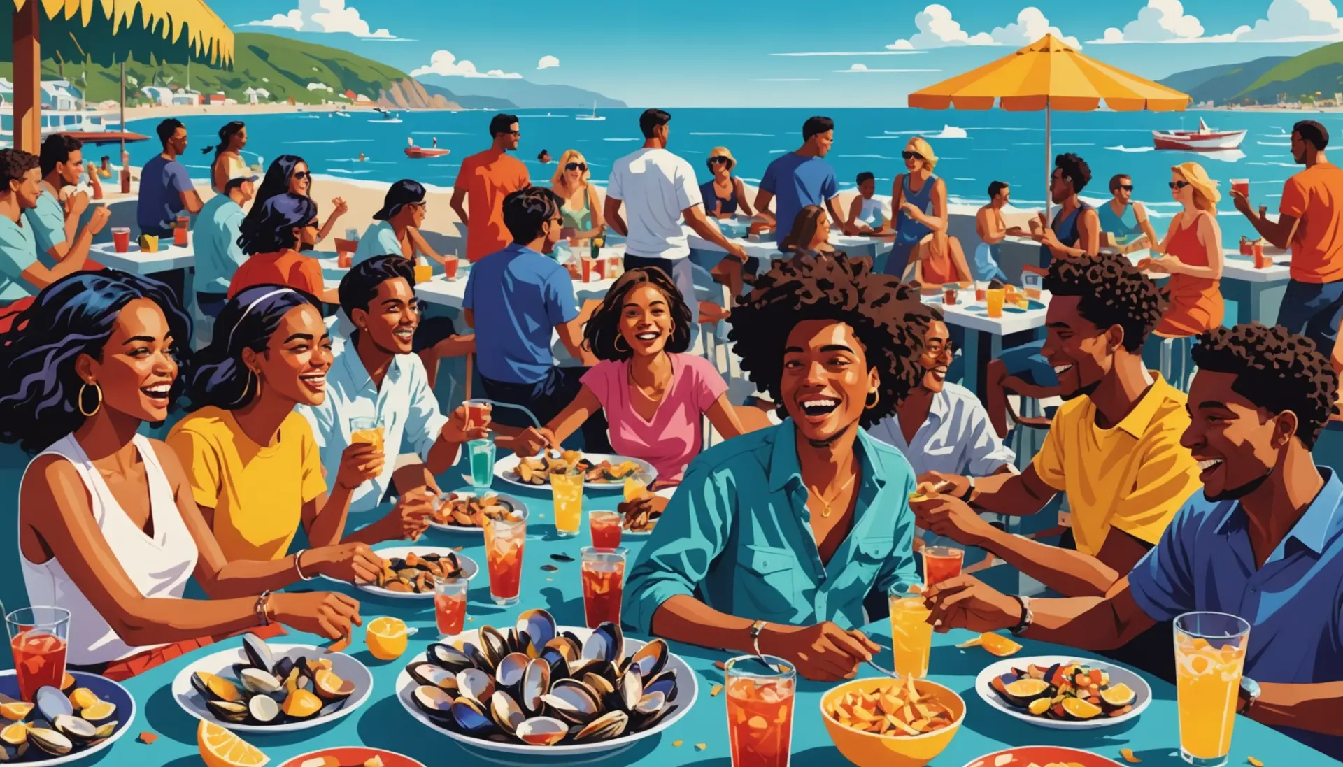 Editorial illustration showing a chaotic seaside party labeled as a clambake urban dictionary vibe