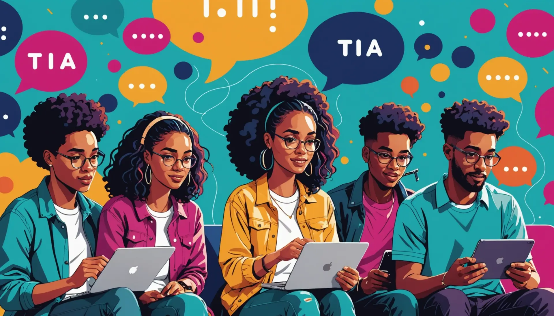 Editorial illustration showing people texting and the phrase tia texting slang as concept