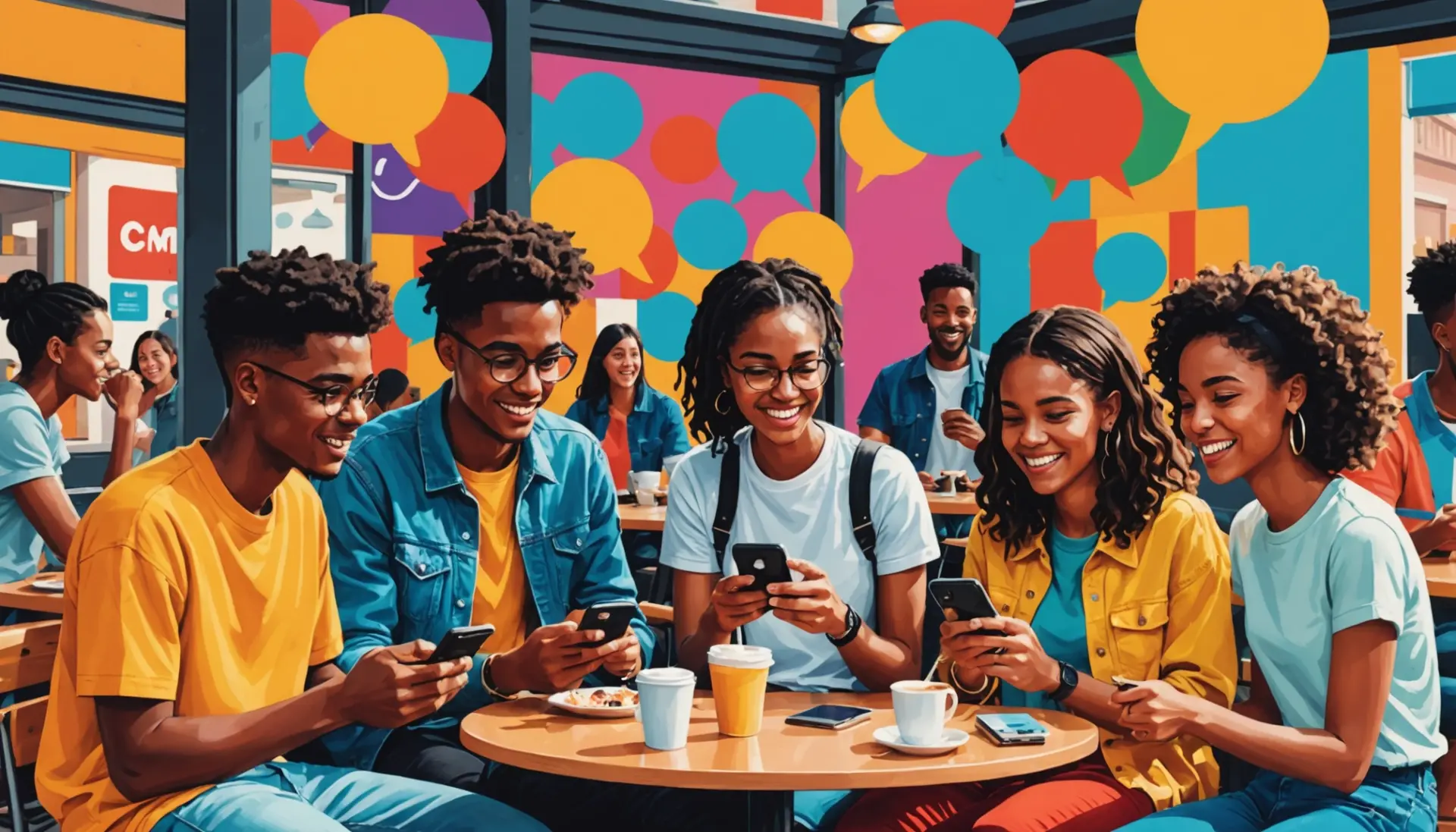 Editorial illustration showing people texting with speech bubbles that include the phrase meaning of atm in text