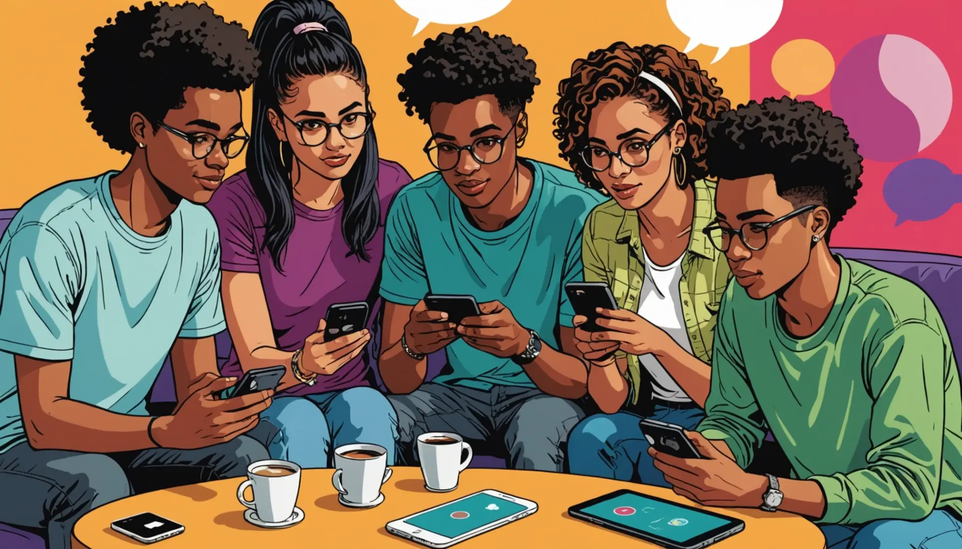 Editorial illustration showing people texting, with the phrase what does pin mean in text implied through visual icons