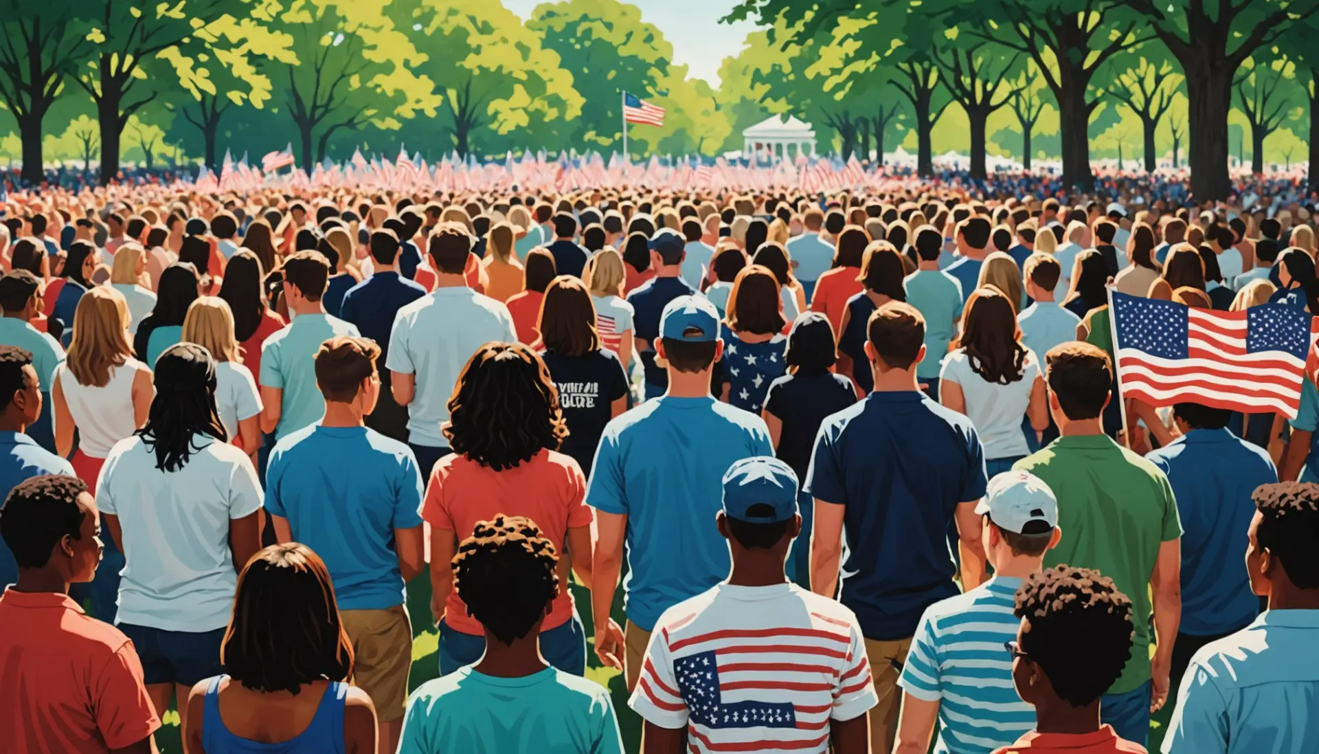 Editorial illustration of American Memorial Day remembrance scene showing flags and a small crowd, what does memorial day mean