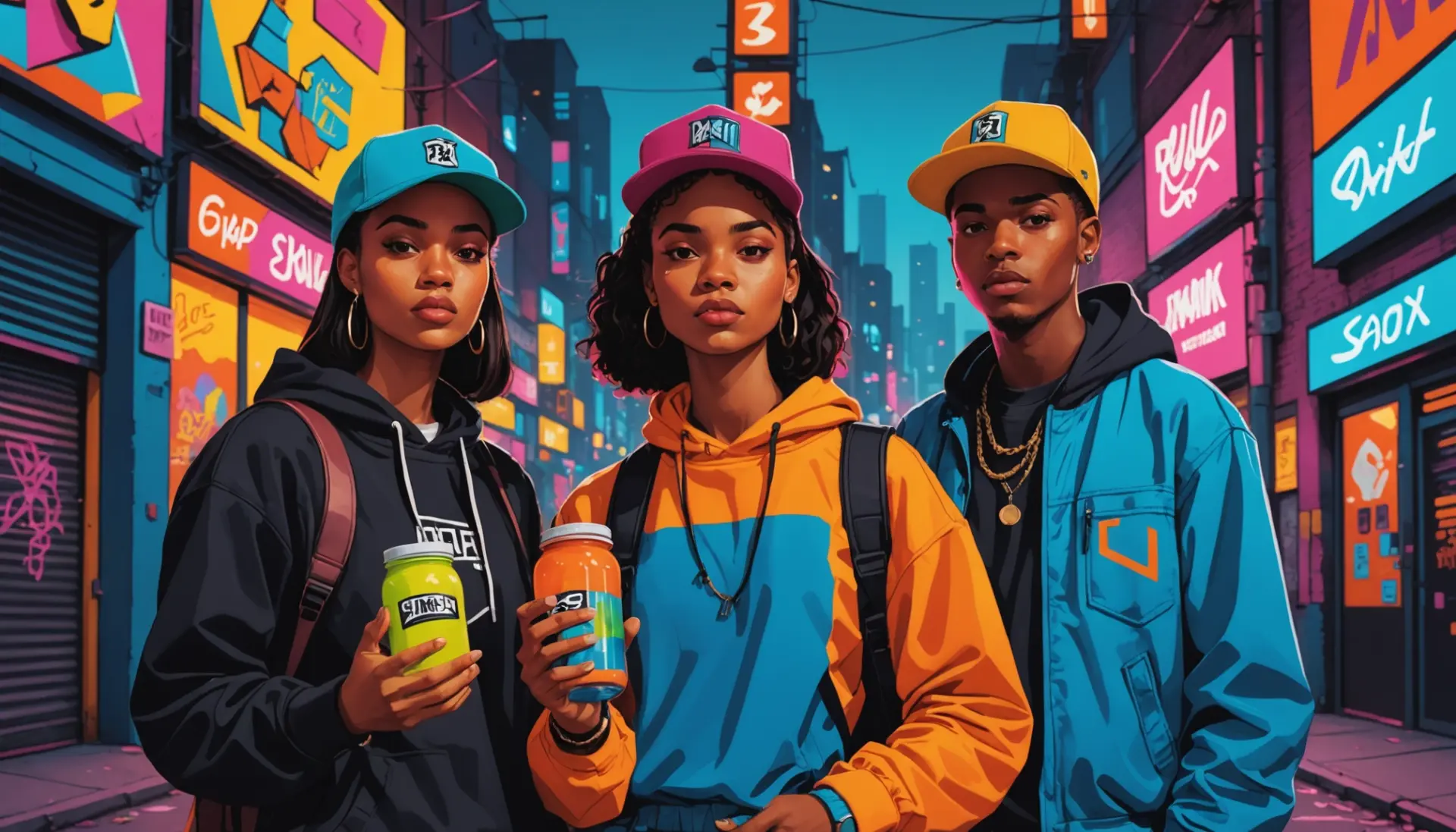 Editorial illustration of three young people styled in streetwear with a bold hat, representing lid meaning slang