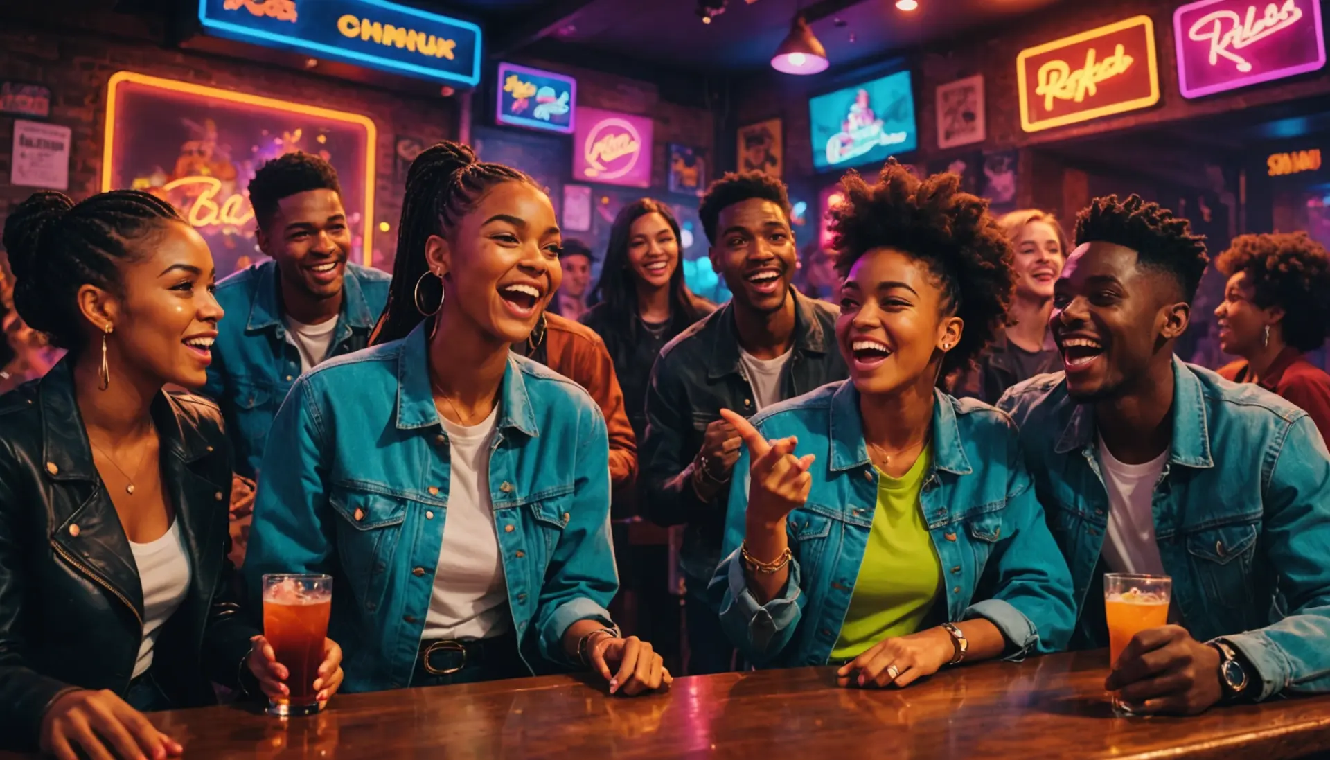 Editorial illustration showing young people chatting at a bar, with the phrase lash meaning slang implied in the scene