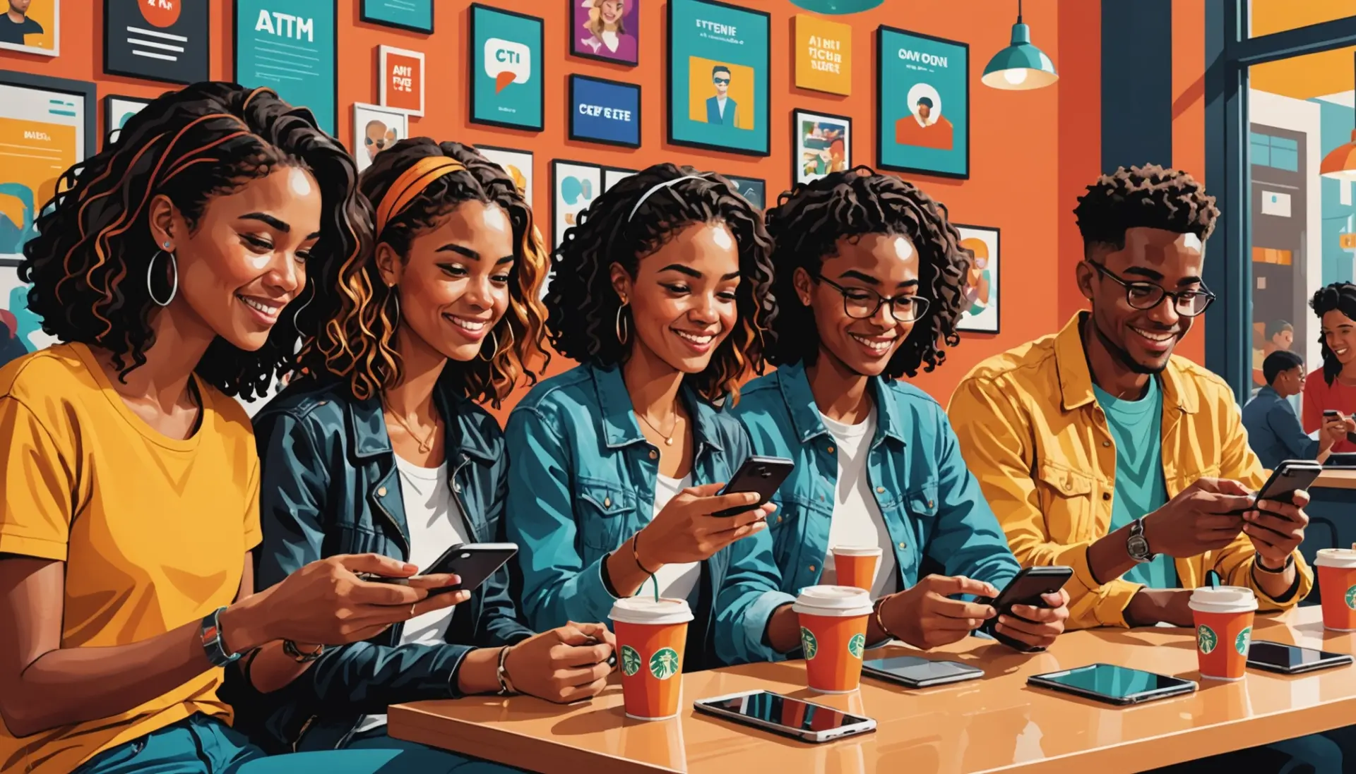 Illustration showing people texting with the phrase what does atm mean on screens