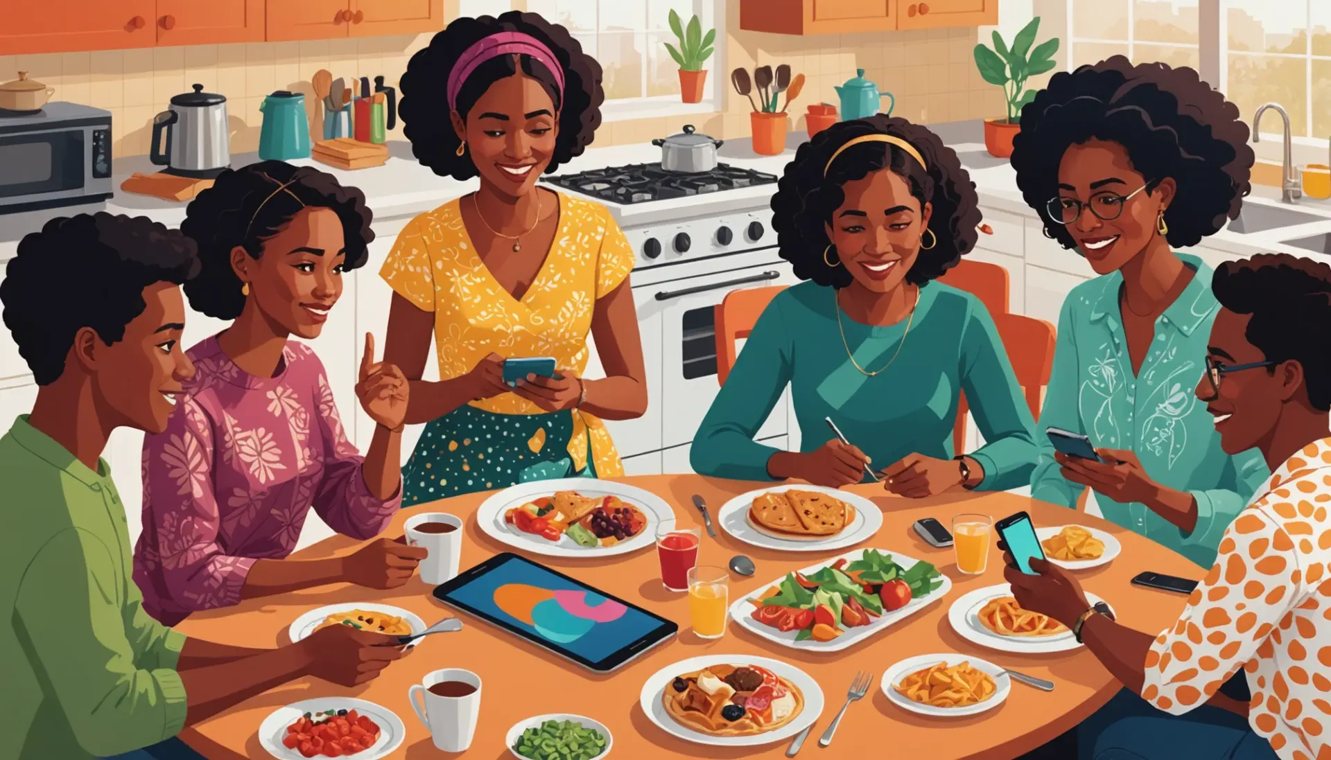 Editorial illustration showing people texting 'slang tia' and using tía affectionately, highlighting the phrase slang tia