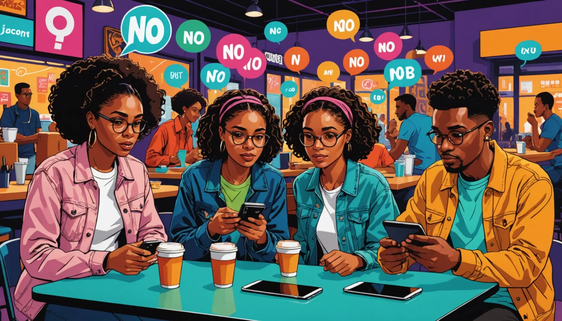 Editorial illustration showing people texting with speech bubbles saying TIA, tia definition slang
