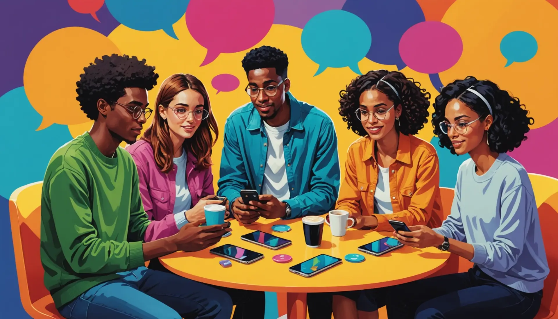 Illustration showing people texting with the phrase what does cap mean in texting visible in chat bubbles