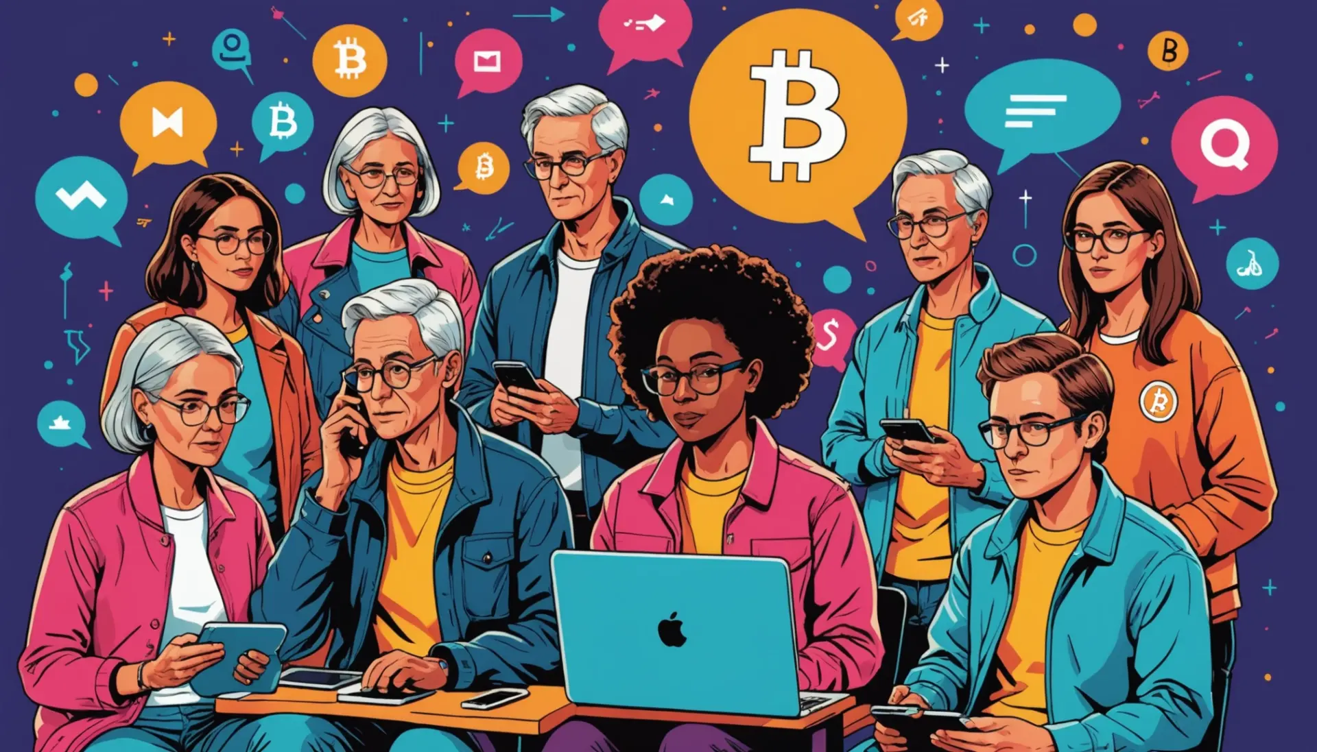 Editorial illustration showing people searching 'btc urban dictionary' on phones and screens
