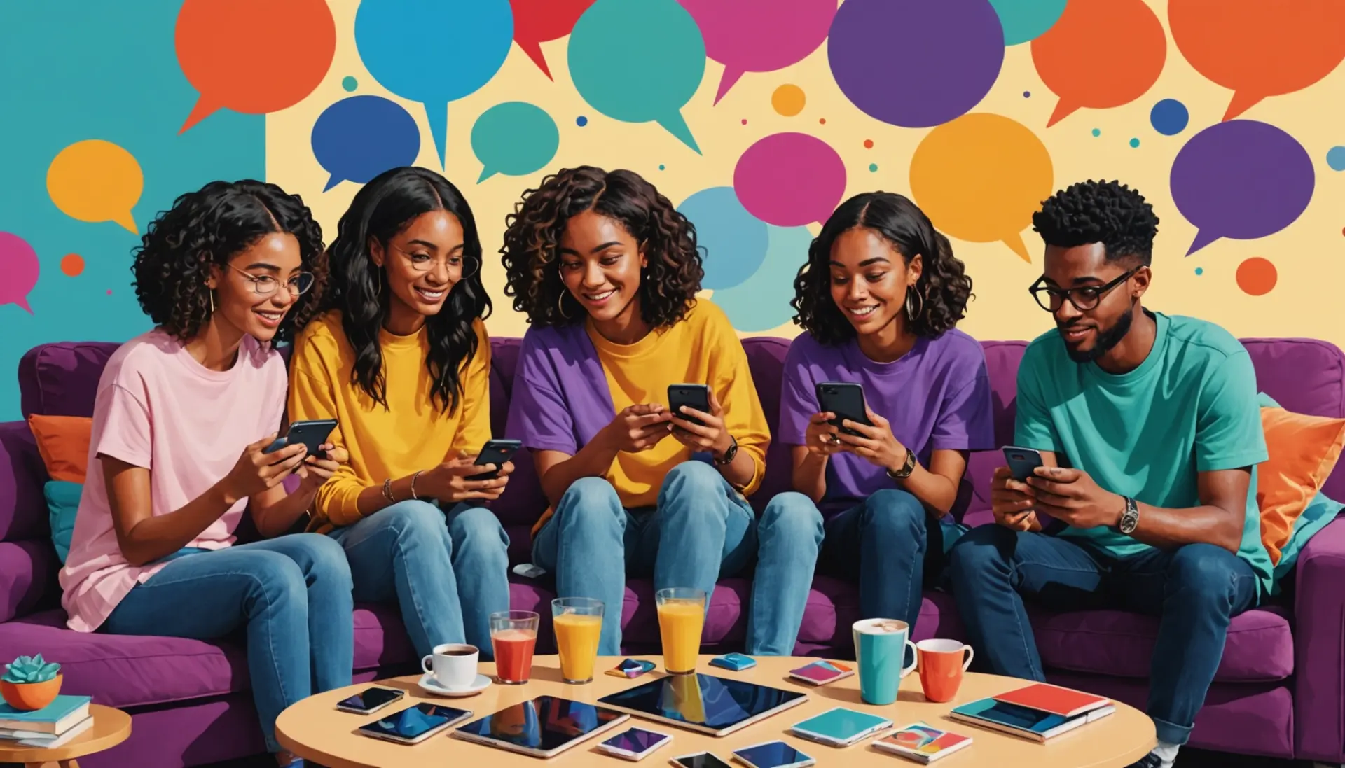 Editorial illustration showing people texting and the phrase 'what is tia in text message meaning' represented by chat bubbles