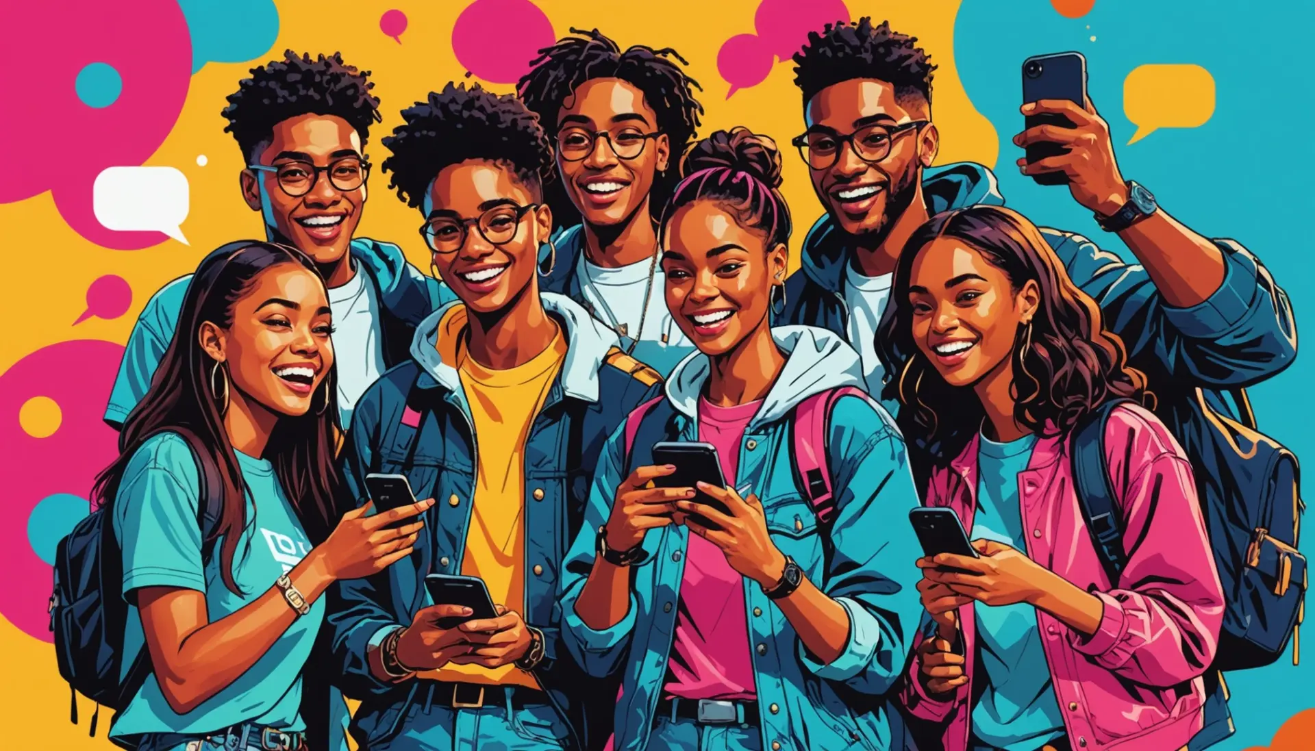 Editorial illustration showing youth texting the phrase 'no cap', with vibrant street style, focus on what does cap mean in text