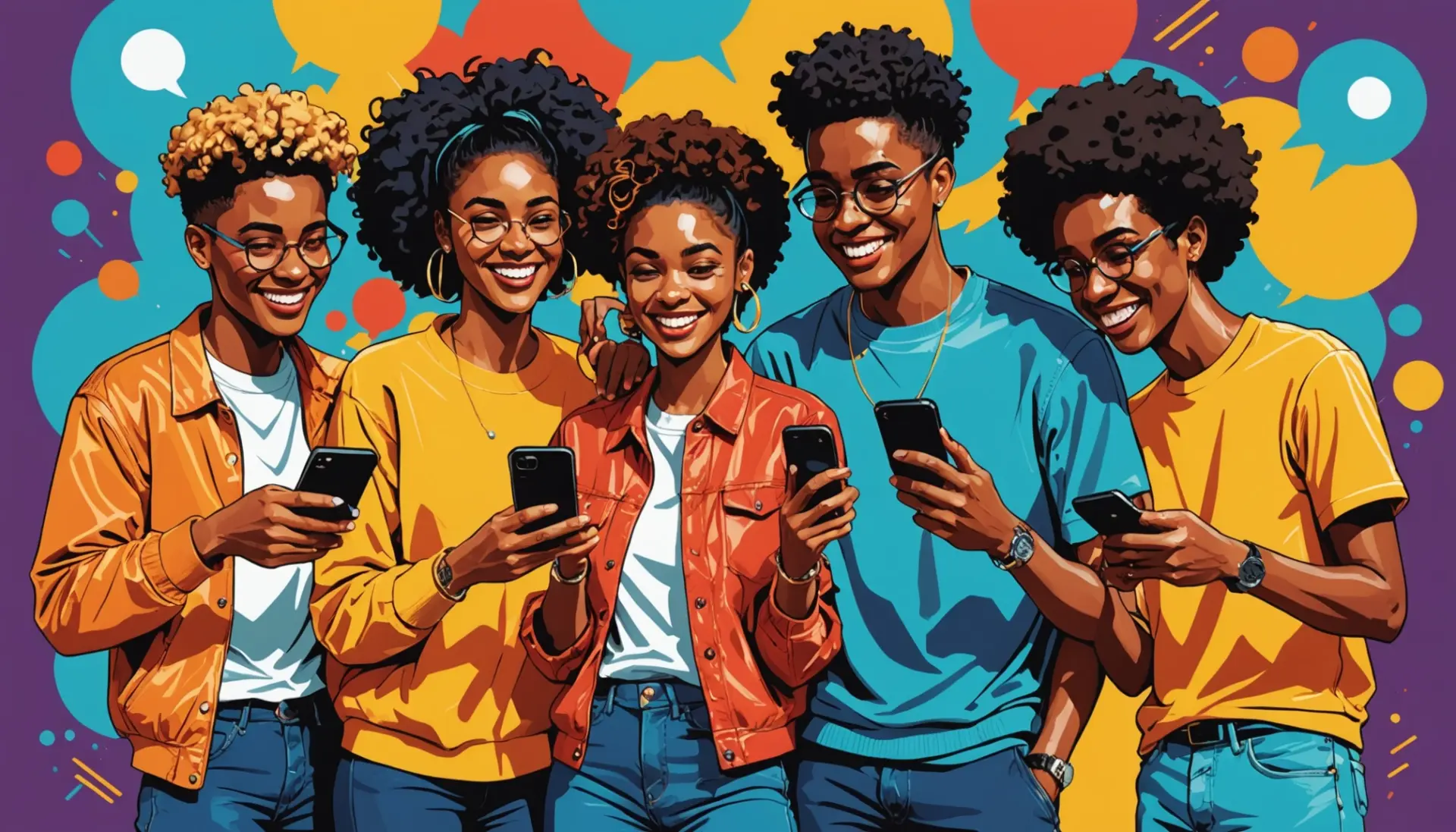 Editorial illustration showing people texting about dfb urban dictionary
